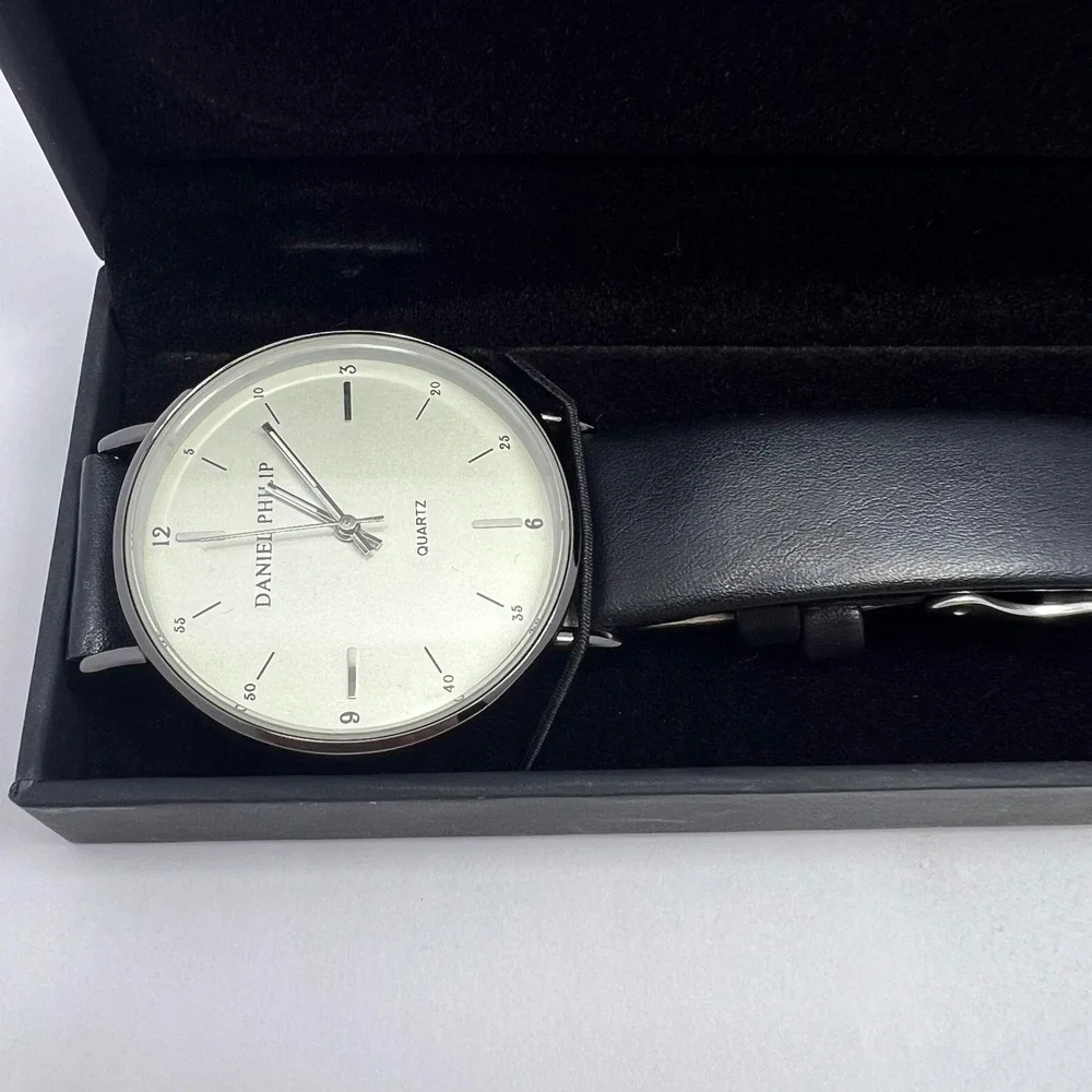 Daniel Philip Black Quartz Watch Mens Leather Band Howlite Bracelet Gift Set